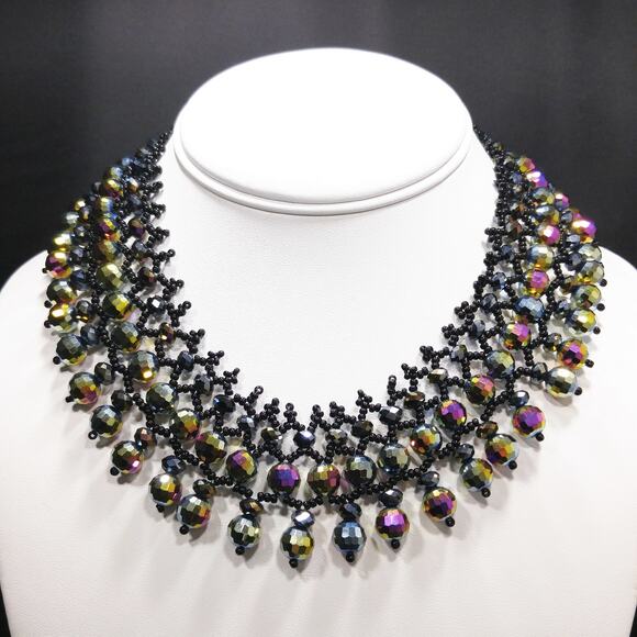 Handmade Czech Fire Polished Beaded Collar Necklace Black Seed Beads 16" - Picture 2 of 10